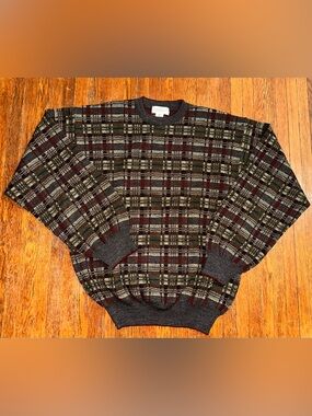 Vintage Tricots St Raphael Geometric Knit Weave Wool Sweater Coogi Style Men's M